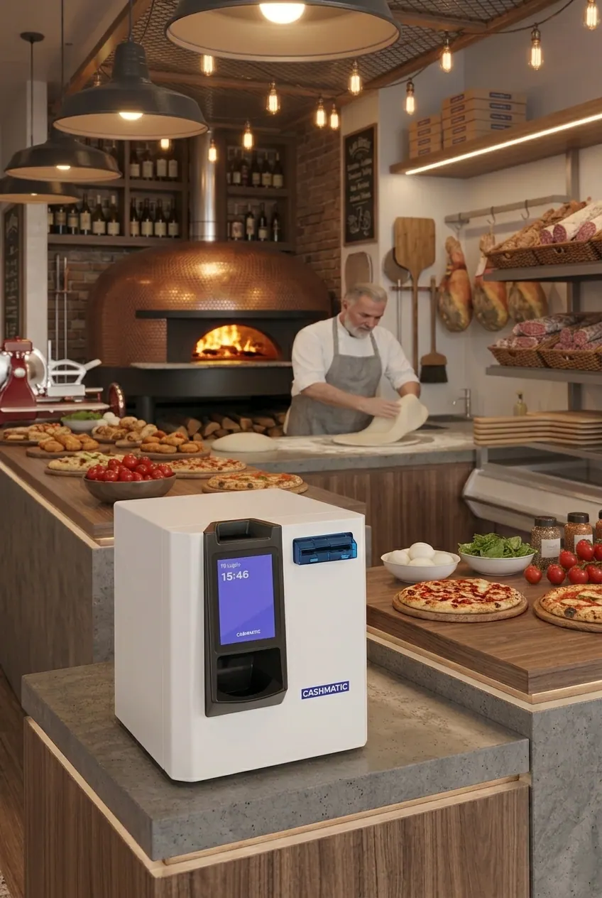 Monnayeur SelfPay au comptoir d'une pizzeria