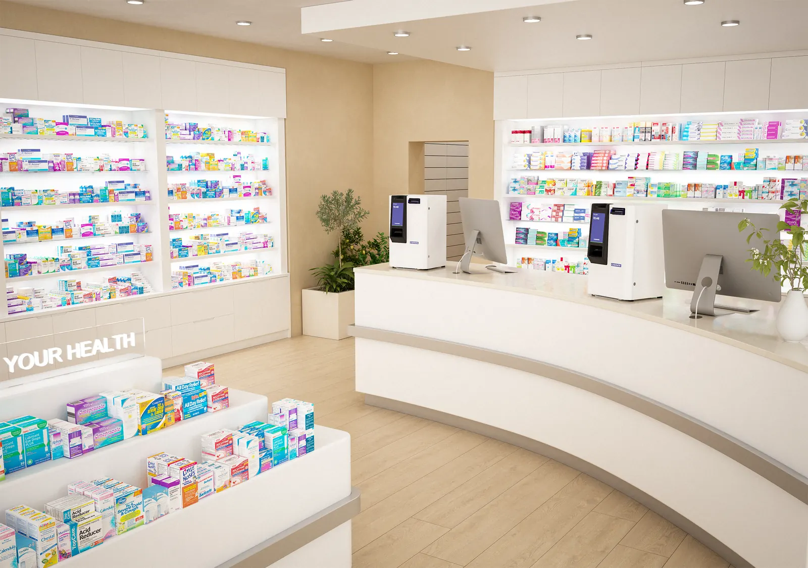 Monnayeurs SelfPay au comptoir d'une pharmacie
